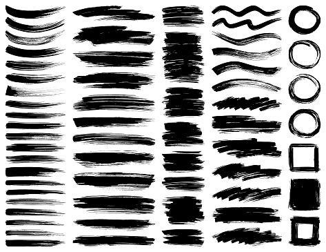 Set of paint brush strokes. Vector design elements. Isolated grunge brush smears black on white.