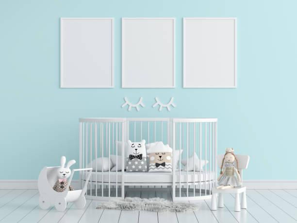 istock Blank photo frame for mockup in blue child room, 3D rendering 1285753390