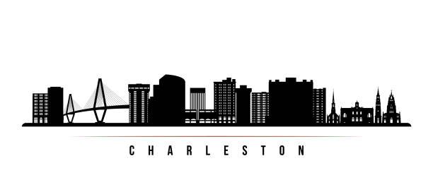 charleston silueti yatay afiş. charleston city, güney carolina'nın siyah beyaz silueti. tasarımınız için vektör şablonu. - south carolina stock illustrations