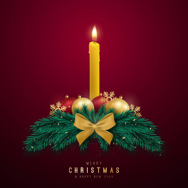 キャンドル、モミの木の枝と光沢のあるボーブルと装飾的なクリスマスリース。お祝いのクリスマスの装飾。ベクターの図。 - christmas candle wreath backgrounds点のイラスト素材／クリップアート素材／マンガ素材／アイコン素材