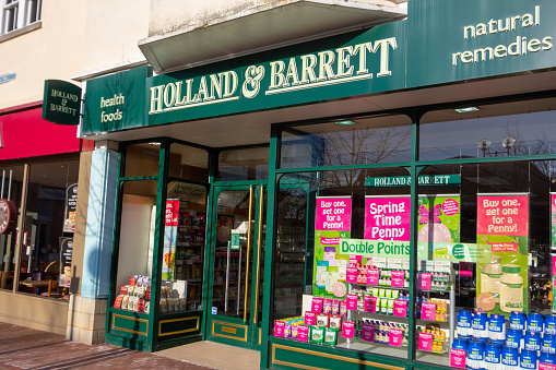 Holland & Barrett on Bligh's Walk in Sevenoaks, England. This a health and well-being chain store selling vitamins, supplements, sports nutrition, gluten-free and vegan foods