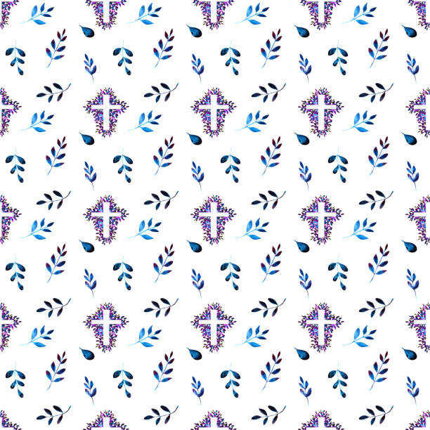 明るい青と紫の水彩花の宗教は、白い背景にシームレスなパターンをクロス。カトリックと正教会のイラスト。イースター、洗礼、最初のコミュニオン無限のプリント。キリスト教の壁紙。 - christianity orthodox church backgrounds blue点のイラスト素材／クリップアート素材／マンガ素材／アイコン素材