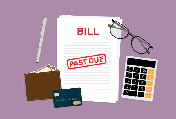 Financial bill with past due sign, pen, glasses, calculator, credit card and a wallet on the table Aerial View, Currency, Banking, Shopping, Bankruptcy, Debt, Cash flow, Notice, Problem impulse shopping stock illustrations