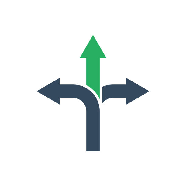 ilustrações de stock, clip art, desenhos animados e ícones de three way arrows with green forward direction, vector icon - turning right