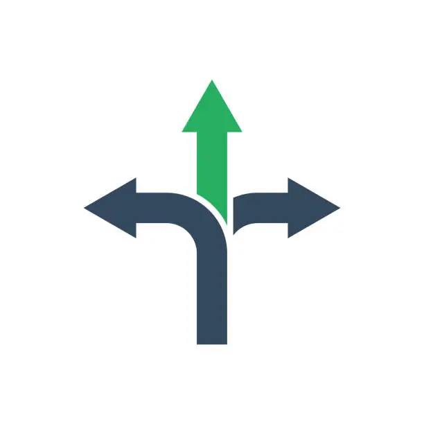 Vector illustration of three way arrows with green forward direction, vector icon