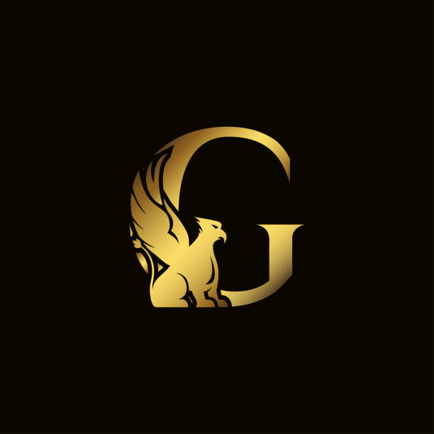 illustrazioni stock, clip art, cartoni animati e icone di tendenza di silhouette griffin all'interno della lettera d'oro g. simbolo araldico bestia antica mitologia o fantasia. elementi di design creativi per logotype, emblema, monogramma, icona o simbolo per azienda, azienda, marchio. - grifone