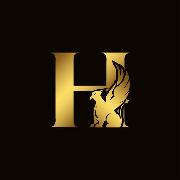 Griffin silhouette inside gold letter H. Heraldic symbol beast ancient mythology or fantasy. Creative design elements for logotype, emblem, monogram, icon or symbol for company, corporate, brand name. Griffin silhouette inside gold letter H. Heraldic symbol beast ancient mythology or fantasy. Creative design elements for logotype, emblem, monogram, icon or symbol for company, corporate, brand name bills lions stock illustrations