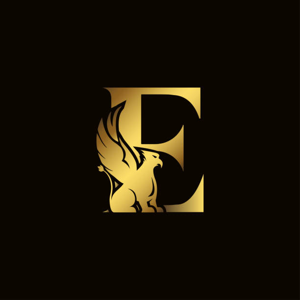 Griffin silhouette inside gold letter E. Heraldic symbol beast ancient mythology or fantasy. Creative design elements for logotype, emblem, monogram, icon or symbol for company, corporate, brand name. Griffin silhouette inside gold letter E. Heraldic symbol beast ancient mythology or fantasy. Creative design elements for logotype, emblem, monogram, icon or symbol for company, corporate, brand name bills lions stock illustrations