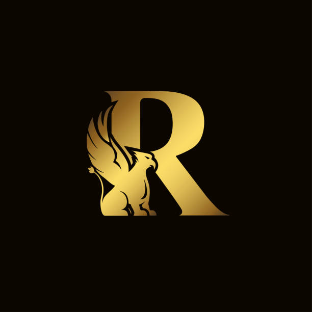 Griffin silhouette inside gold letter R. Heraldic symbol beast ancient mythology or fantasy. Creative design elements for logotype, emblem, monogram, icon or symbol for company, corporate, brand name. Griffin silhouette inside gold letter R. Heraldic symbol beast ancient mythology or fantasy. Creative design elements for logotype, emblem, monogram, icon or symbol for company, corporate, brand name bills lions stock illustrations