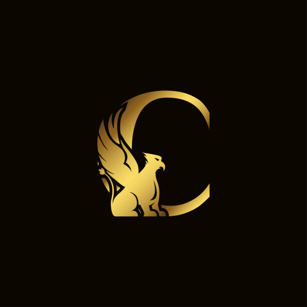 Griffin silhouette inside gold letter C. Heraldic symbol beast ancient mythology or fantasy. Creative design elements for logotype, emblem, monogram, icon or symbol for company, corporate, brand name. Griffin silhouette inside gold letter C. Heraldic symbol beast ancient mythology or fantasy. Creative design elements for logotype, emblem, monogram, icon or symbol for company, corporate, brand name bills lions stock illustrations