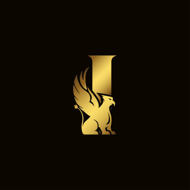 Griffin silhouette inside gold letter I. Heraldic symbol beast ancient mythology or fantasy. Creative design elements for logotype, emblem, monogram, icon or symbol for company, corporate, brand name. Griffin silhouette inside gold letter I. Heraldic symbol beast ancient mythology or fantasy. Creative design elements for logotype, emblem, monogram, icon or symbol for company, corporate, brand name bills lions stock illustrations