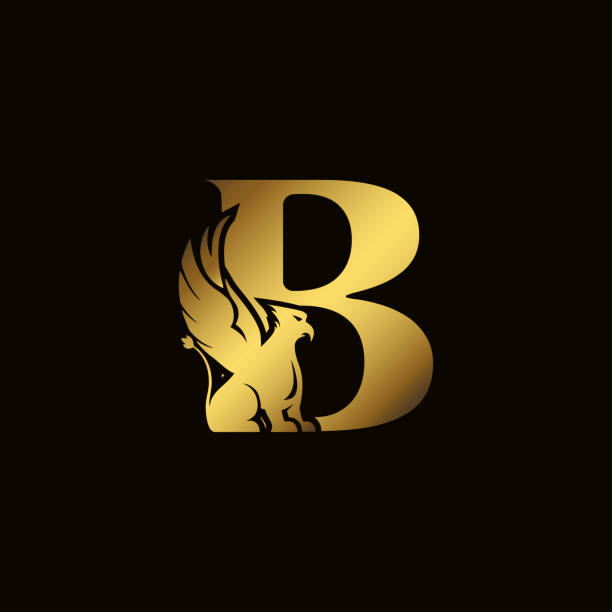 Griffin silhouette inside gold letter B. Heraldic symbol beast ancient mythology or fantasy. Creative design elements for logotype, emblem, monogram, icon or symbol for company, corporate, brand name. Griffin silhouette inside gold letter B. Heraldic symbol beast ancient mythology or fantasy. Creative design elements for logotype, emblem, monogram, icon or symbol for company, corporate, brand name bills lions stock illustrations
