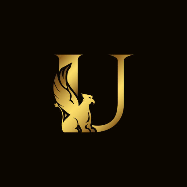 Griffin silhouette inside gold letter U. Heraldic symbol beast ancient mythology or fantasy. Creative design elements for logotype, emblem, monogram, icon or symbol for company, corporate, brand name. Griffin silhouette inside gold letter U. Heraldic symbol beast ancient mythology or fantasy. Creative design elements for logotype, emblem, monogram, icon or symbol for company, corporate, brand name bills lions stock illustrations