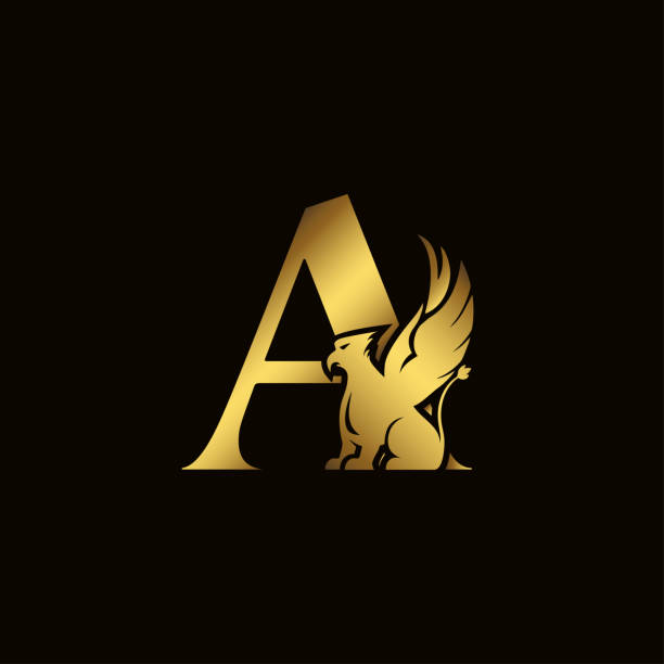 Griffin silhouette inside gold letter A. Heraldic symbol beast ancient mythology or fantasy. Creative design elements for logotype, emblem, monogram, icon or symbol for company, corporate, brand name. Griffin silhouette inside gold letter A. Heraldic symbol beast ancient mythology or fantasy. Creative design elements for logotype, emblem, monogram, icon or symbol for company, corporate, brand name bills lions stock illustrations