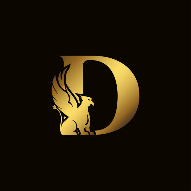 Griffin silhouette inside gold letter D. Heraldic symbol beast ancient mythology or fantasy. Creative design elements for logotype, emblem, monogram, icon or symbol for company, corporate, brand name. Griffin silhouette inside gold letter D. Heraldic symbol beast ancient mythology or fantasy. Creative design elements for logotype, emblem, monogram, icon or symbol for company, corporate, brand name bills lions stock illustrations