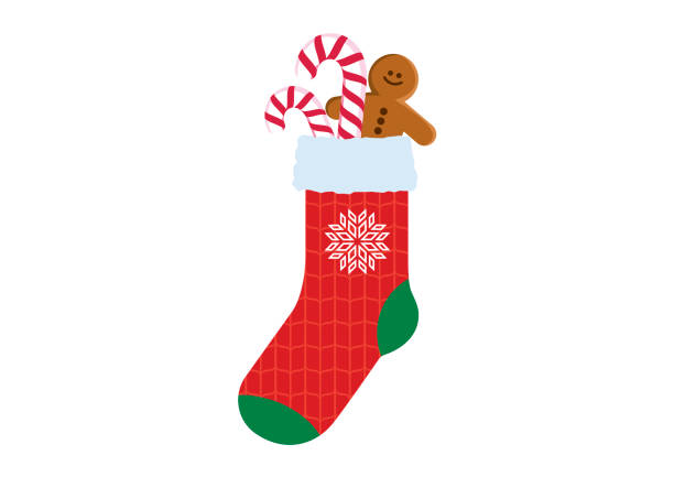 ilustrações, clipart, desenhos animados e ícones de meia de natal vermelha com bengala doce e gengibre homem ícone vetor - meias de natal