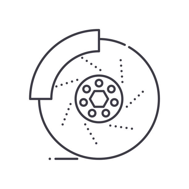 illustrations, cliparts, dessins animés et icônes de icône de frein de disque de voiture, illustration isolée linéaire, vecteur de ligne mince, signe de conception web, symbole de concept de contour avec trait modifiable sur le fond blanc. - white background car vehicle part brake