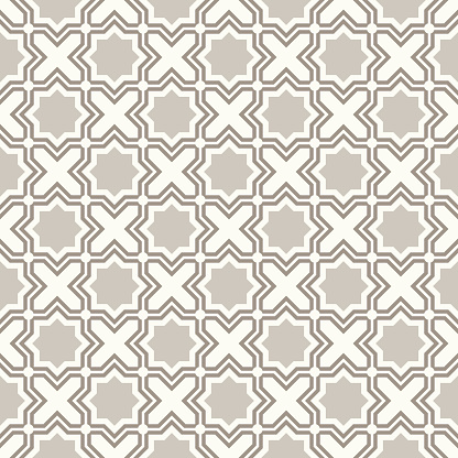 Tangled modern pattern, based on traditional oriental arabic geometric repeat patterns. Seamless vector background. Plain neutral natural colors - easy to recolor.