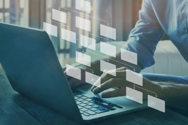 istock mindmap or organigram on virtual screen, person looking at hierarchy scheme 1285764446