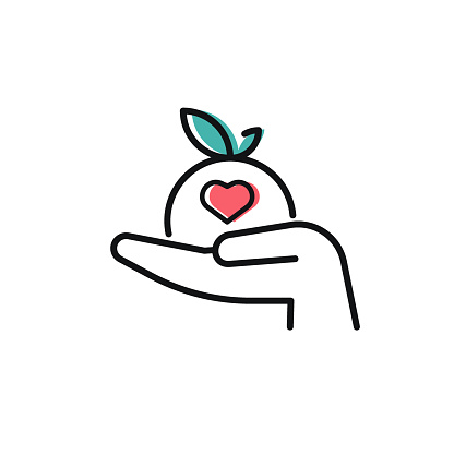 Food donation icon on white. Hand holding apple for donations. Vector black icon for volunteering, support for poor people, charity and food drive. Vector outline icon with editable stroke