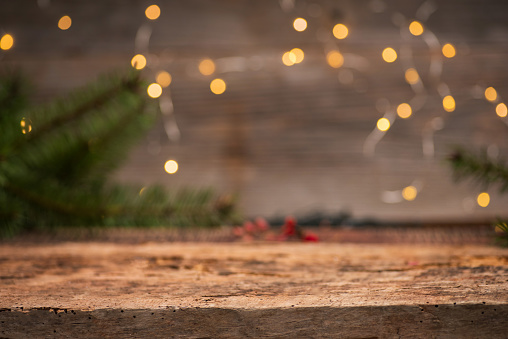 Christmas decorations on rustic wooden table