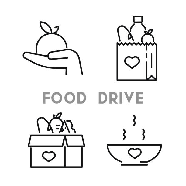 食べ物の寄付アイコンセット。寄付のためのスープと手持ちプレート。ベクター黒アイコンフードボックス、パン付きバッグ、水、貧しい人々のためのチーズ、フードドライブ。編集可能な� - homelessness food in a row people点のイラスト素材／クリップアート素材／マンガ素材／アイコン素材