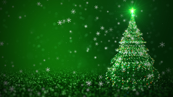 Green color Christmas tree with shining light, falling snowflakes and stars. Christmas or New Year background Concept