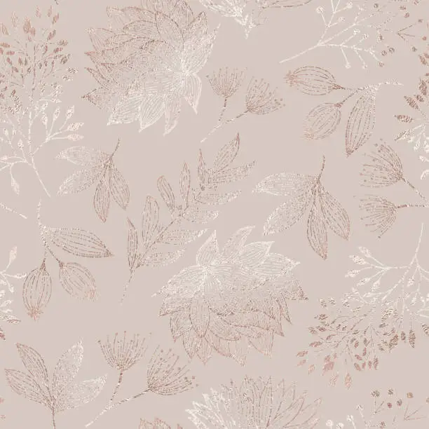 Vector illustration of Rose Gold Colored Floral Seamless Pattern with Hand Drawn Leaves, Bloosoms and Branches. Christmas and New Year Greeting Card Background Template, Christmas Present Wrapping Paper.  Rose Gold Foil Vector Design Element for Birthday, New Year, Christmas Ca