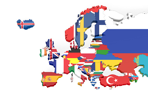 Europe 3d map with borders marked - each country on the map marked with its own flag - isolated on white - 3D Illustration