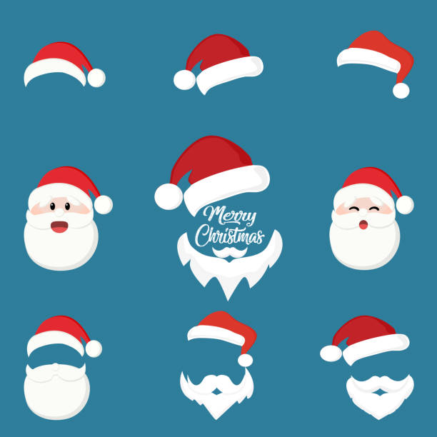 ilustraciones, imágenes clip art, dibujos animados e iconos de stock de conjunto de sombrero de navidad y barba blanca santa. feliz concepto navideño - one man only human age mustache beard