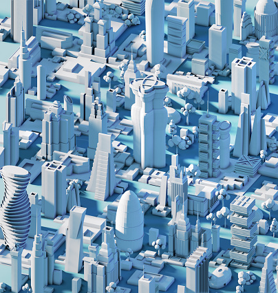 Modern City 3D render view. Business and banking area with skyscrapers, modern corporate architecture, Capital city, futuristic cityscape. Business background