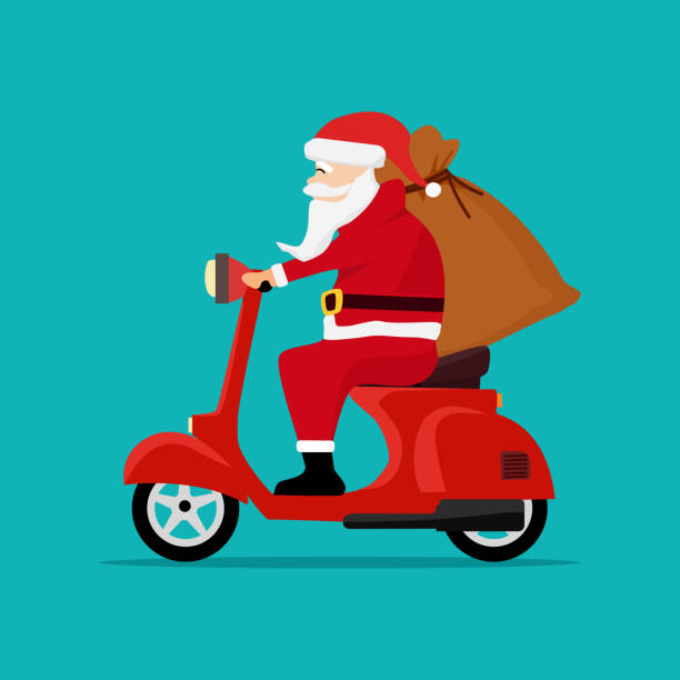 illustrations, cliparts, dessins animés et icônes de père noël avec un sac cadeau conduisant un scooter. conception de vacances de noël. vecteur - père noel à vélo