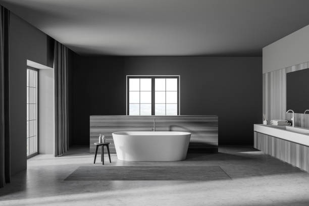 istock Modern gray and wooden bathroom interior 1285774211