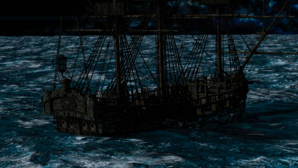 istock Captain skeleton in a ghost sailboat by night time 1285775079