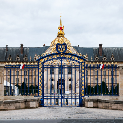 Les Invalides entrance,  the golden dome with vault. Paris, in France, Esplanade des Invalides. November 8, 2020.