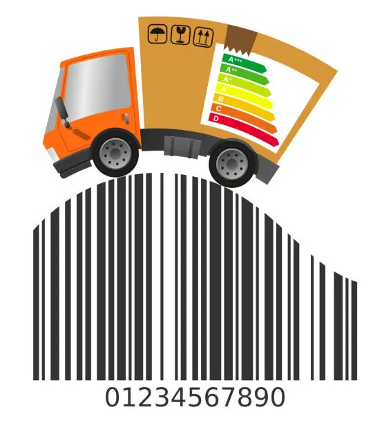 Vector illustration of Delivery truck with cardboard box and barcode
