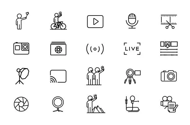 Vector illustration of Equipment for photo-session and video-blogging. Set of vector icons with editable line. Pulsed flashes, studio light, camera, camera, lens, action camera