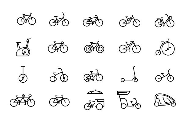 ilustrações de stock, clip art, desenhos animados e ícones de bicycle types vector linear icons set. outline symbols pack with editable stroke. collection of simple 20 bicycle types icons isolated contour illustrations. bmx, touring, dirt, female bike. - unicycle unicycling cycling wheel