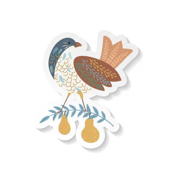 Vector illustration of Christmas Partrige Pear Tree Folk Art Sticker