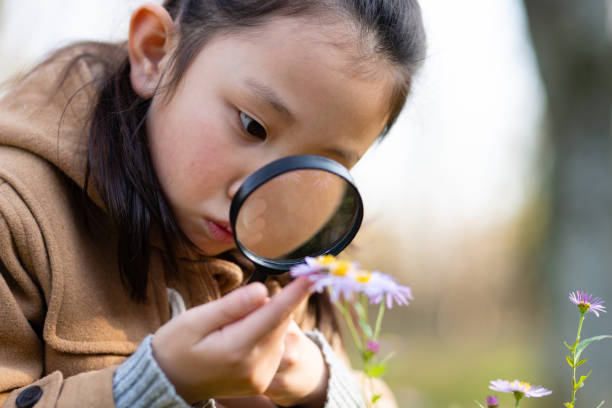 istock Girl sees a small flower with a magnifying glass 1285777726