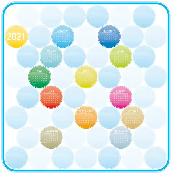 Vector illustration of Colorful Circles Calendar for Year 2021, in vectors