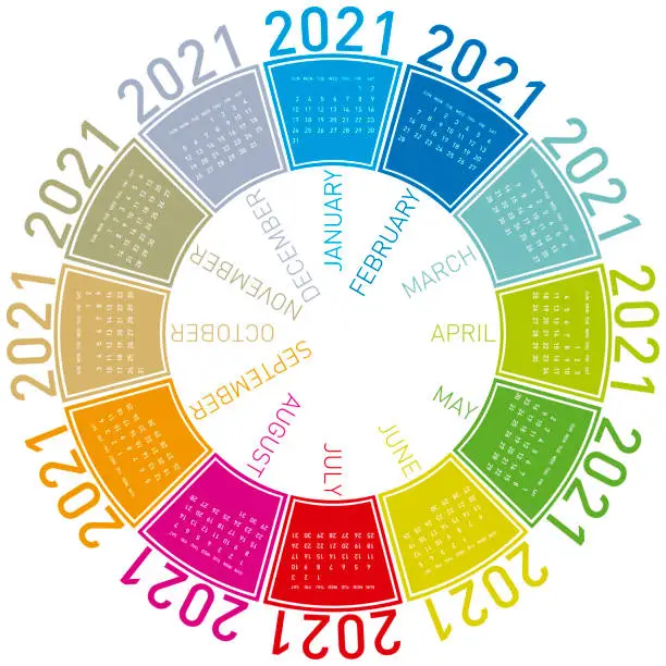 Vector illustration of Colorful calendar for 2021. Circular design. In vector format