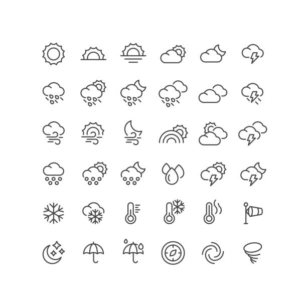 ilustrações, clipart, desenhos animados e ícones de 36 ícones da linha meteorológica traçado editável - weather symbol sun meteorology