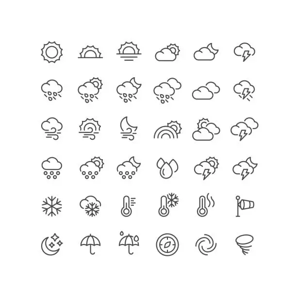 Vector illustration of 36 Weather Line Icons Editable Stroke