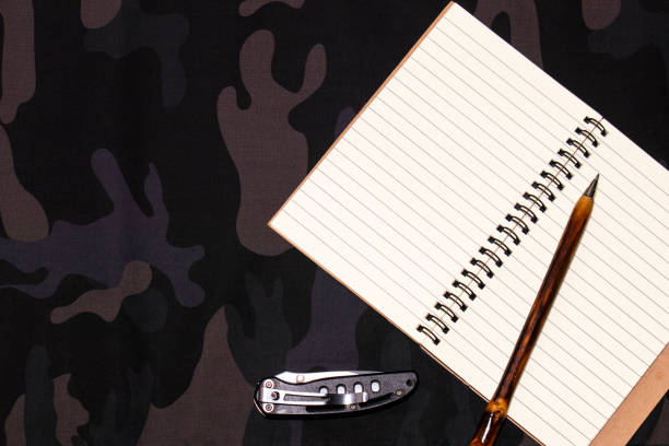 istock Hunting background. Blank notepad on a military camouflage background. Place for text. Flatly, top view 1285782835