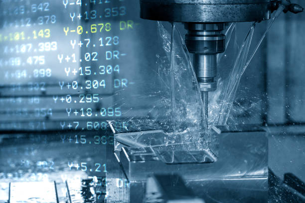 istock Abstract scene of CNC milling machine cutting the injection mold parts and G-code data background. 1285783866