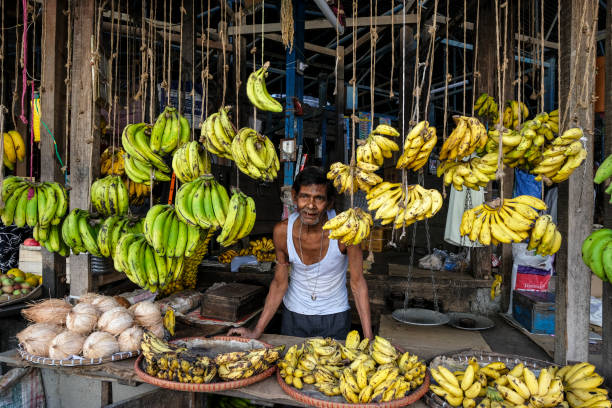 Tezpur market in Assam, India. Tezpur, India - November 2020: Banana seller in the Tezpur market on November 14, 2020 in Assam, India. assam india stock pictures, royalty-free photos & images
