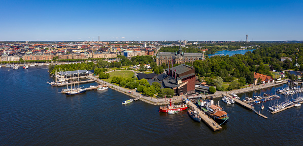Panoramic view of Hamburg. The whole Gaiburg is at a glance. Aged photos in the style of the 60-80s of the last century. Hamburg on a sunny day from a bird's-eye view. Summer Hamburg. View of Hamburg from St. Michael's Church.