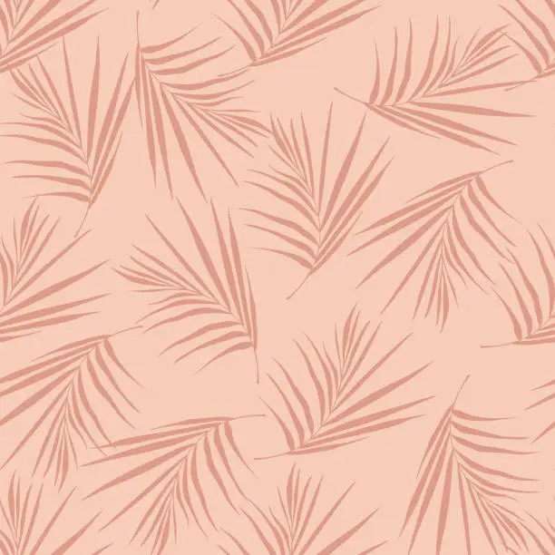 Vector illustration of Random minimalistic seamless pattern with doodle fern leaves silhouettes. Botanic tropica artwork in pink tones.