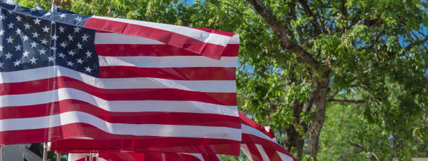 istock Panoramic view flying American flags and green trees background for peaceful protest, rally and march concept 1285789929